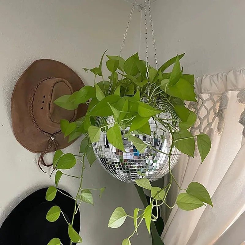 Cortinas bola de discoteca vaso de flores sem borda corda espelho pendurado cesta vaso de flores para plantas de interior estilo boêmio