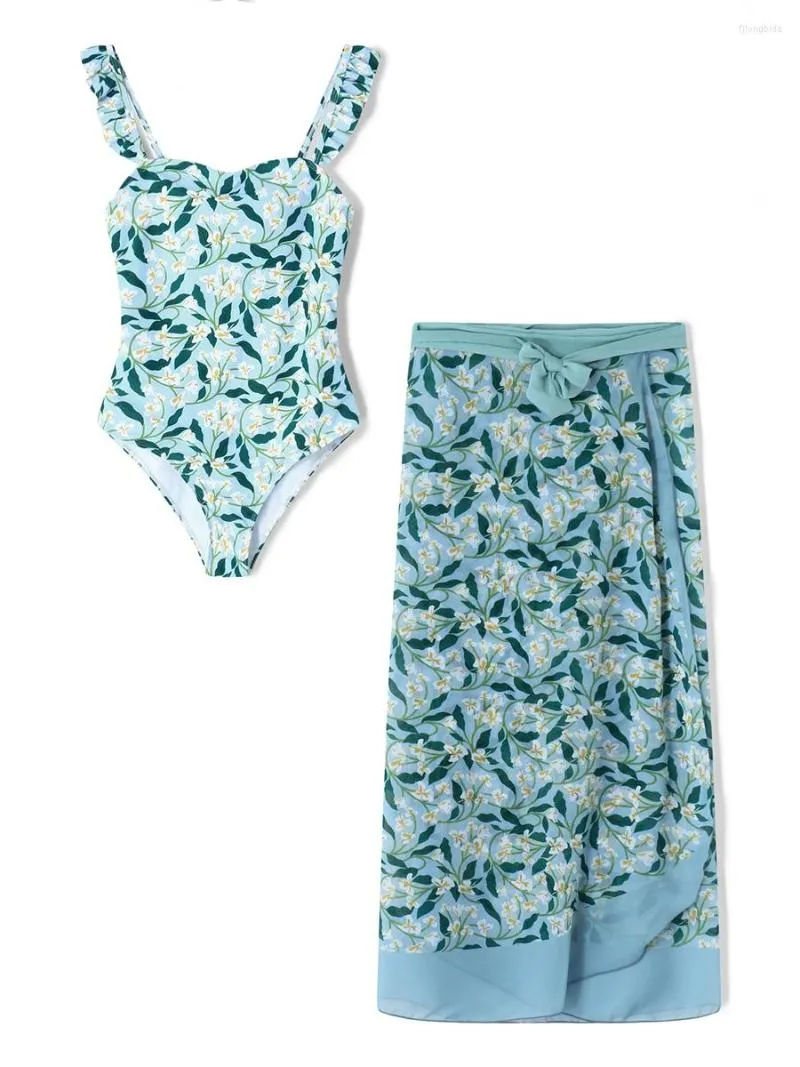 Fato de banho feminino com estampa floral e saia longa envolvente - conjunto de biquíni sexy de 2 peças para mulheres roupas de praia com controle de barriga