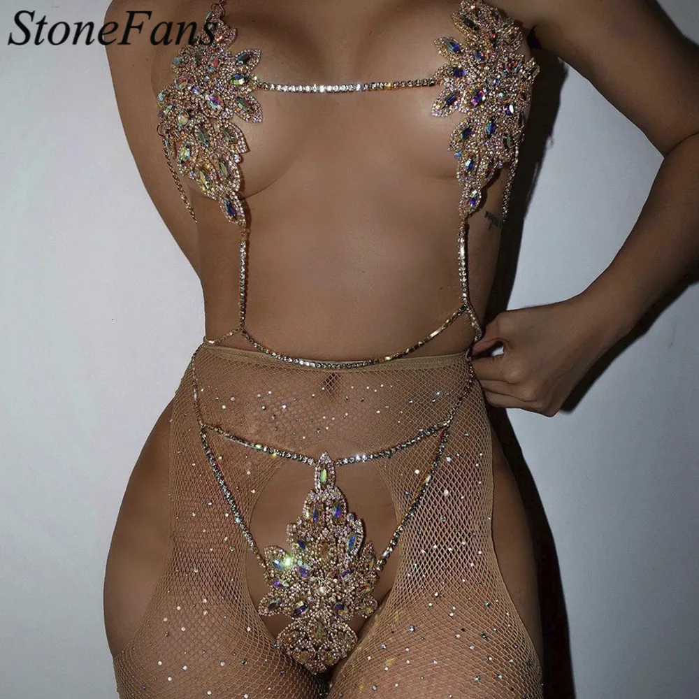 Navel Bell Button Rings Stonefans Radiant Luxurious Lingerie Set with Body Chain Jewelry Bikini Set Colorful Crystal BodySuit Jewelry Sequins 230703