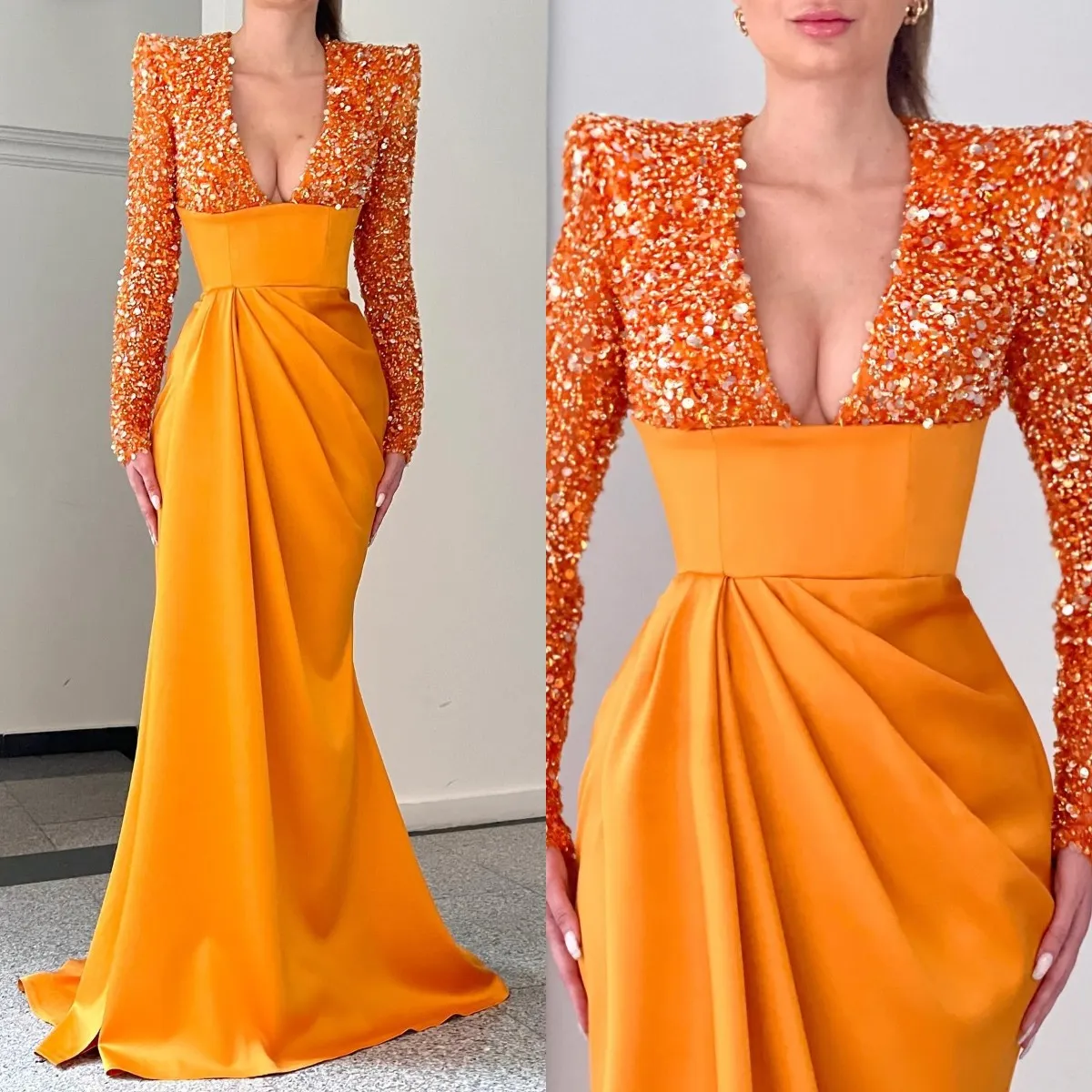 Modische orangefarbene Pailletten-Abschlussballkleider mit V-Ausschnitt, langen Ärmeln, Abendkleider, Falten, Schlitz, formeller roter Teppich, langes Partykleid für besondere Anlässe