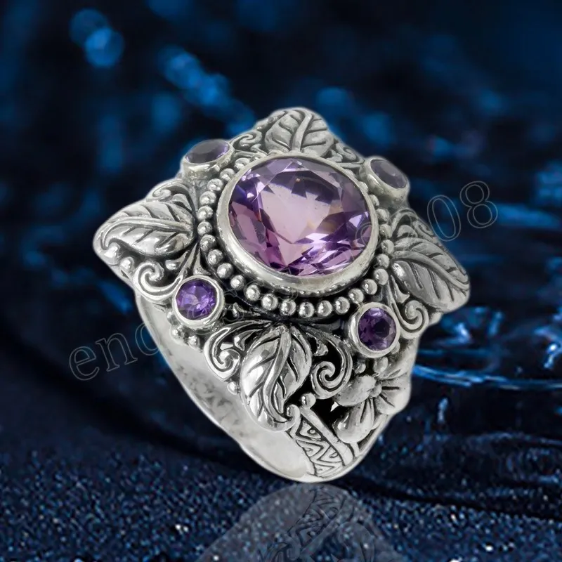 Luxe Amethist Ring Dames Europese en Amerikaanse Retro Imitatie Thai Silver Tree Leaf Flower Ring