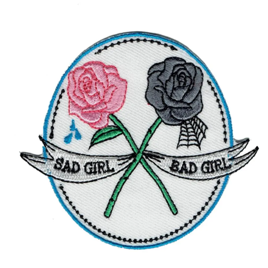 Fashion Rose Flower Sad Girl Bad Girl Embroidered Cartoon Patch Iron On Any Garment DIY Applique Patch Pink Grey Badge G0505 302h