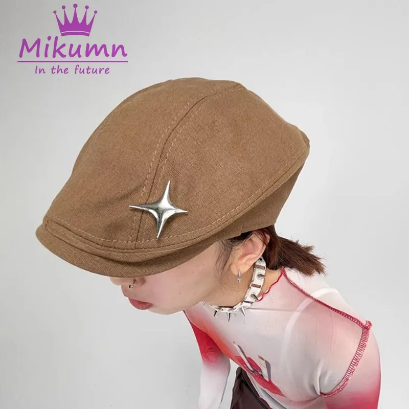 Mikumn Japanese Retro Star Solid Color Linen Beret Hats Summer Casual Women Painter Caps Harajuku Streetwear