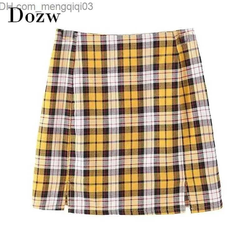 Jupes Femmes Plaid Une Ligne Jupe D'été Plissée Split Casual Mini Retour Zipper Moulante Femme Taille Haute Bas Faldas Mujer Z230704