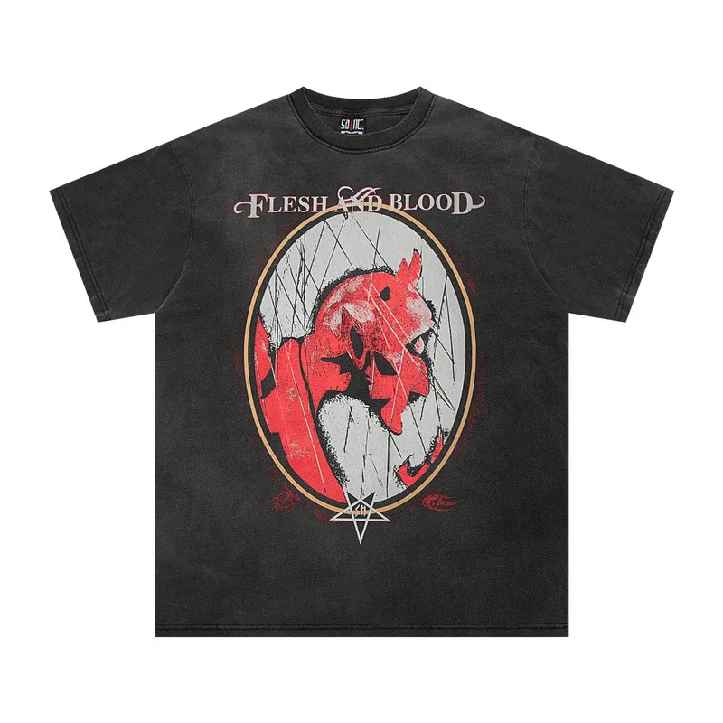 Men's Tshirts Saint Michael Devil Animation Pattern to Do Old High Street American Casual Loose Mens and Womens Short Sleeve Tshirt Trend Fashion