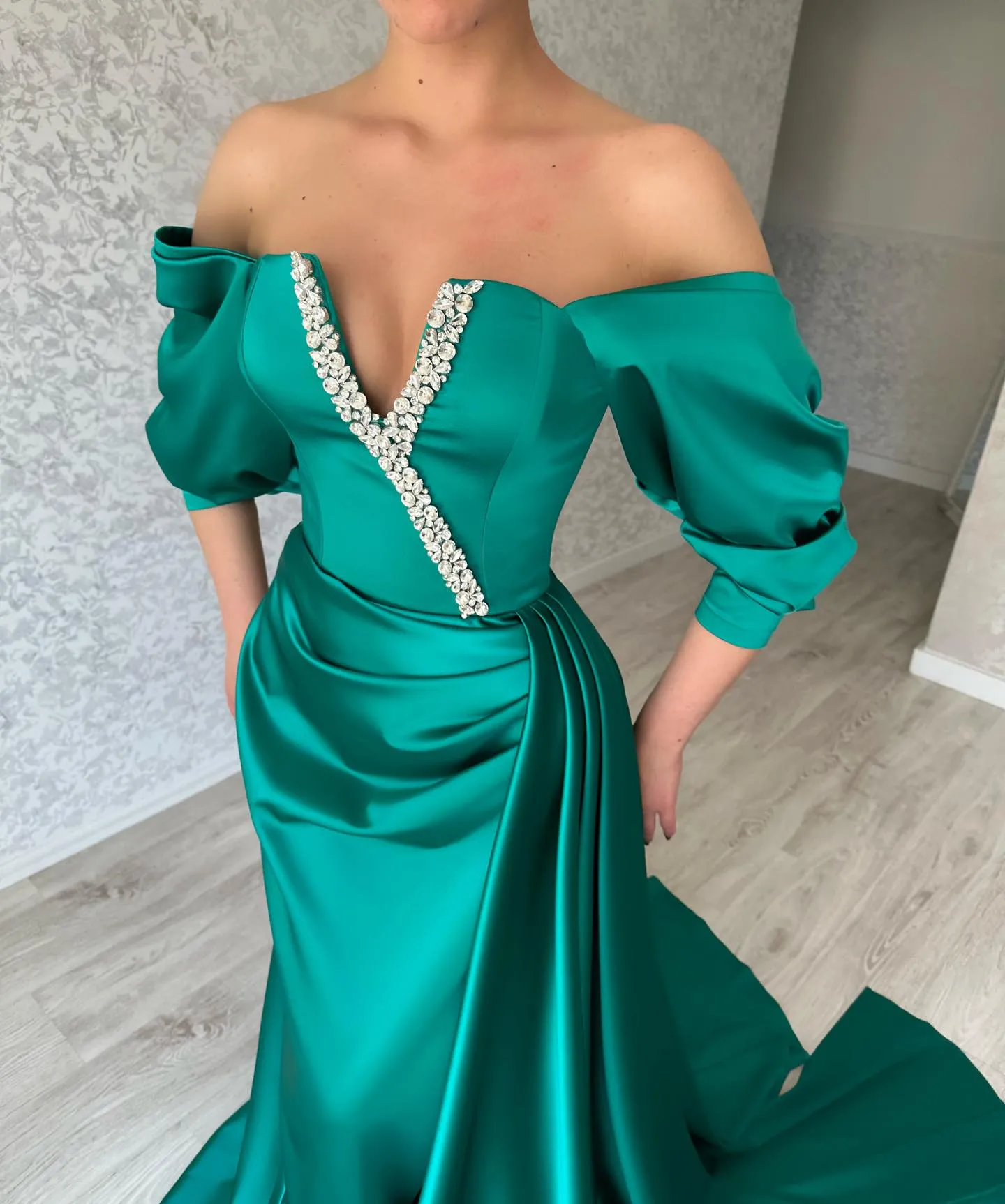 Fashion Turquoise Green Off-the-Shoulder Beaded Satin Evening Gown with  Sweep Train and Puffy Sleeves from Dhgate Prom Dresses - price 300.63