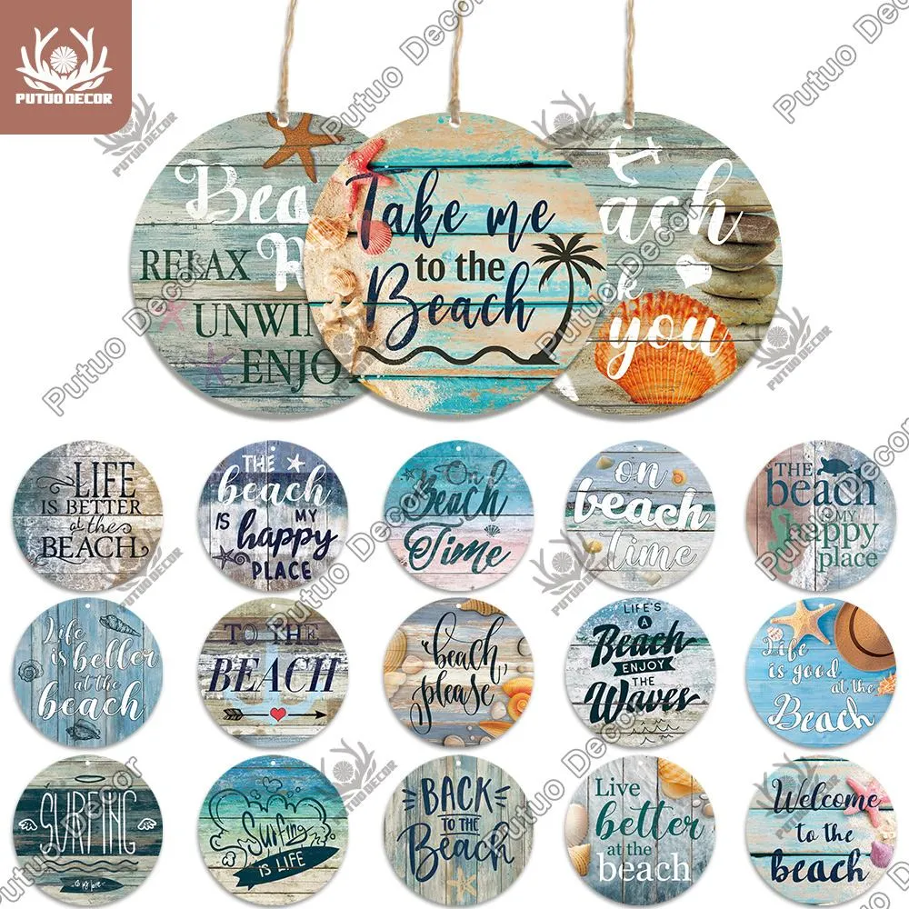 Curtains Putuo Decor Beach Round Sign Wooden Plaque Beach House Plaque Yard Sign Letters Gifts for Home Decor Living Room Door Decoration