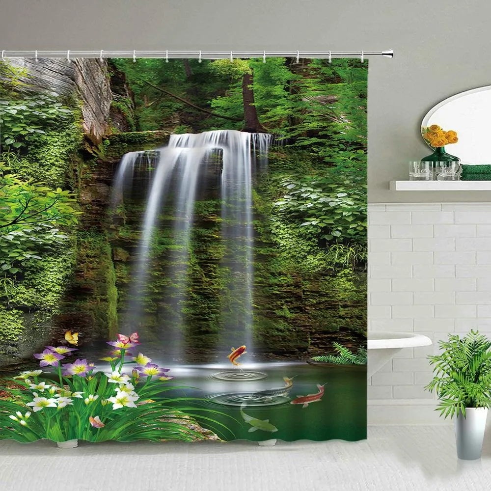 Tricoting Forest Landscape Shower Rideaux Arbre Cascade Mount Fuji Décolleté étanche Routeau de salle de bain Baignoire de baignoire de baignoire avec crochet