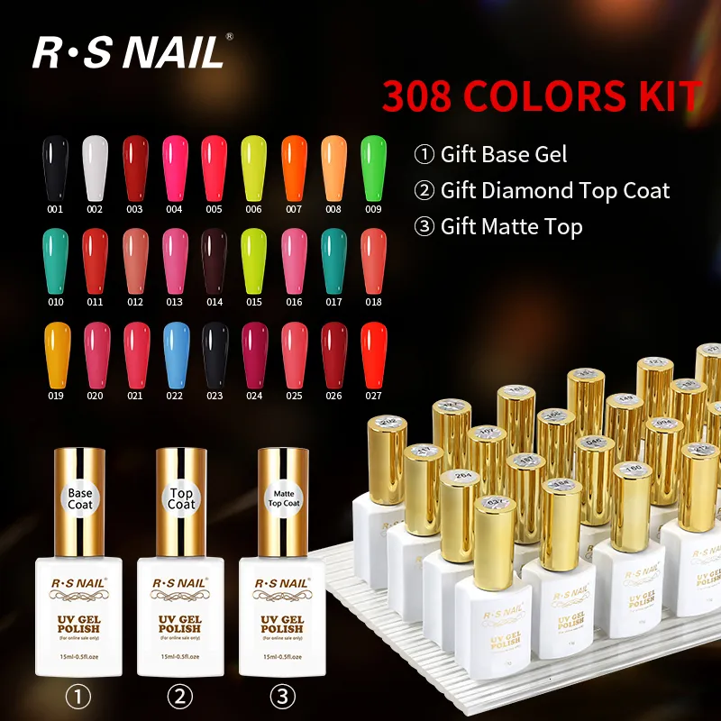 False Nails R S Nail 15ml UV 젤 매니큐어 세트 308pcs 미술 디자인을위한 기본 최고 코트 바니시 도매 전문 살롱 키트 230704