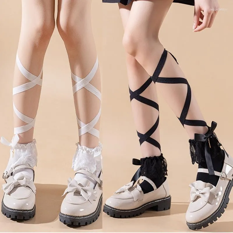 Japanese Anime Womens Lolita Cross Bandage Socks With Ribbon Strap