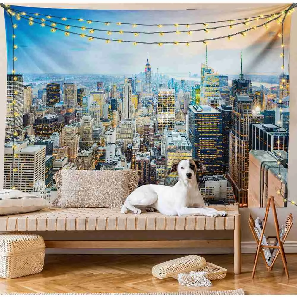 Tapissries New York Tapestry Modern Night City landskap vägg hängande skyskrapor byggnader tapisserier sovrum vardagsrum dekor vägg filt