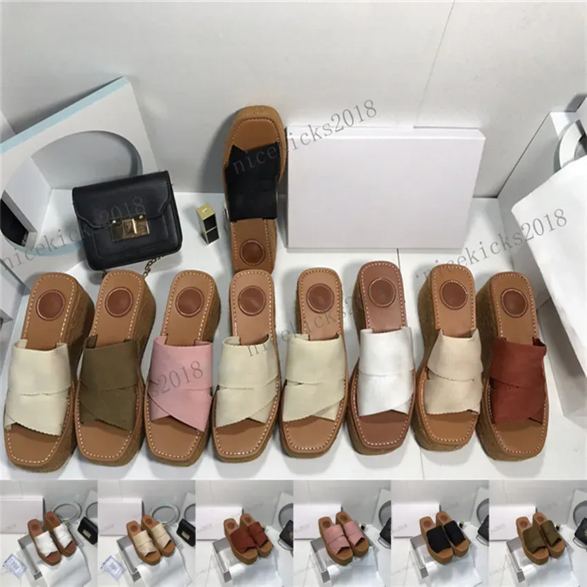 mit Box Frauen Plattform Hausschuhe Mode 2022 Sommer Chunky Heel Sandalen Klassische Designer Canvas Sandale Woody Mules Sohle Slipper für Bj