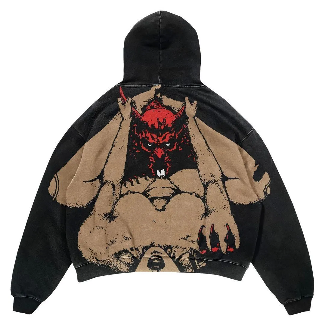 トップス vintage devilock design hoodie Oversized Demon Print Hoodie: Designer Streetwear Sweatshirt