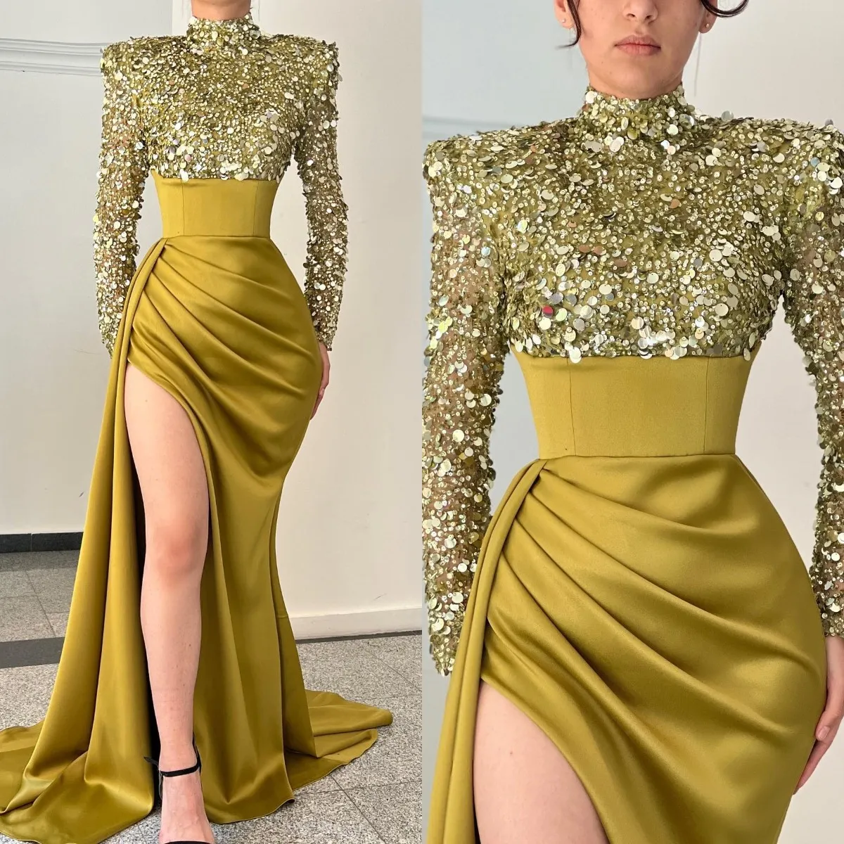 Red Carpet Ready: Green Sequin High Neck Evening Gown with Pleated Slit  Long Sleeves