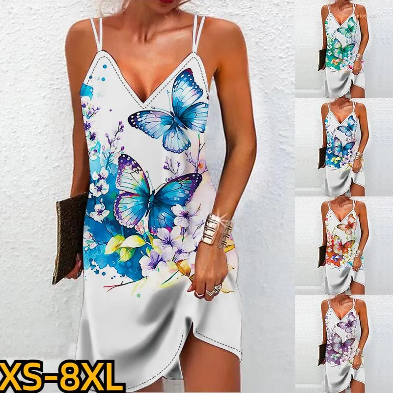 Casual Kleider 2023 V-ausschnitt Sexy Knielanges Kleid Sommer Lose Party Rock Vintage Elegante Frauen Schmetterling Druck Slip XS-8XL