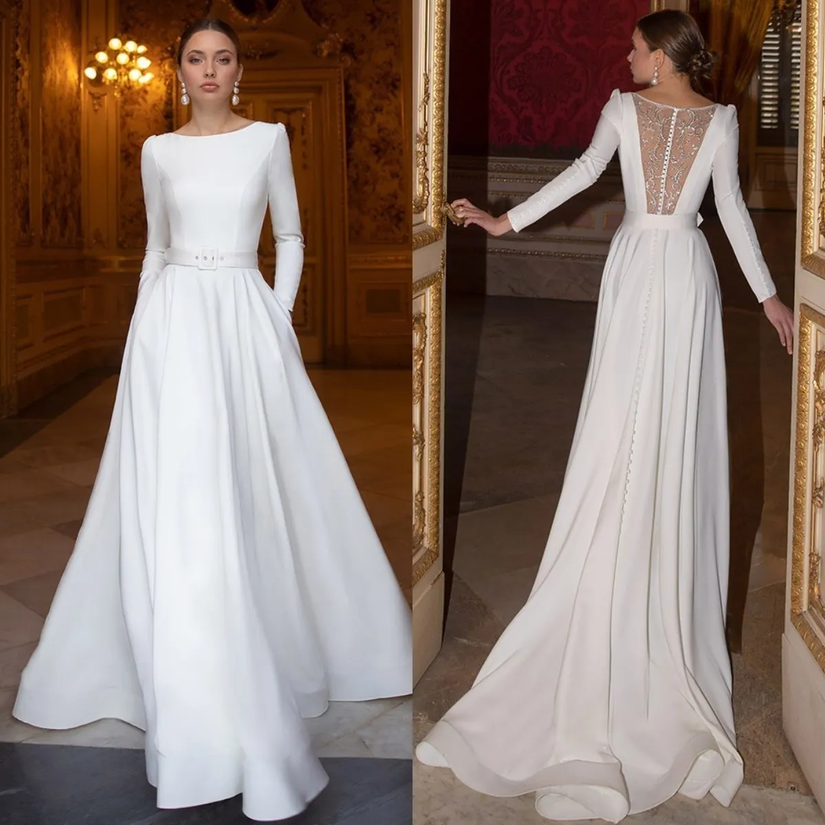 ファッション A ラインのウェディングドレス花嫁のためのバトー長袖サテンのウェディングドレスボタンバックデザイナーのブライダルガウンスイープトレイン