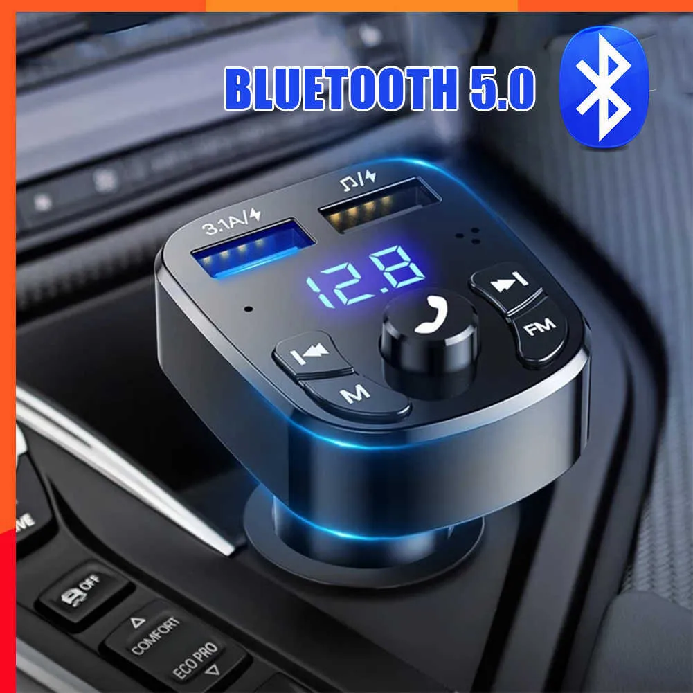 Atualizar carro hands-free bluetooth 5.0 transmissor fm carro kit mp3 modulador player receptor de áudio handsfree 2 usb carregador rápido