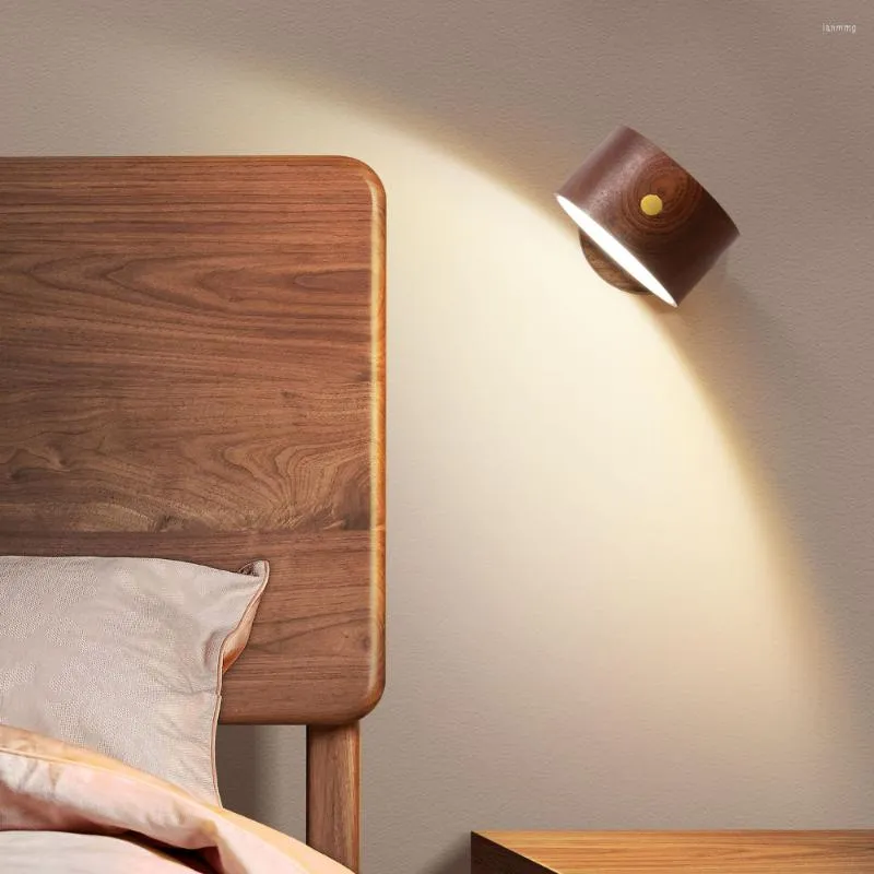 Wall Lamp Wooden LED Reading Light 3 Brightness Levels Rechargeable 360°Rotation Adjustable Touch Control Bedside Lighting USB Night