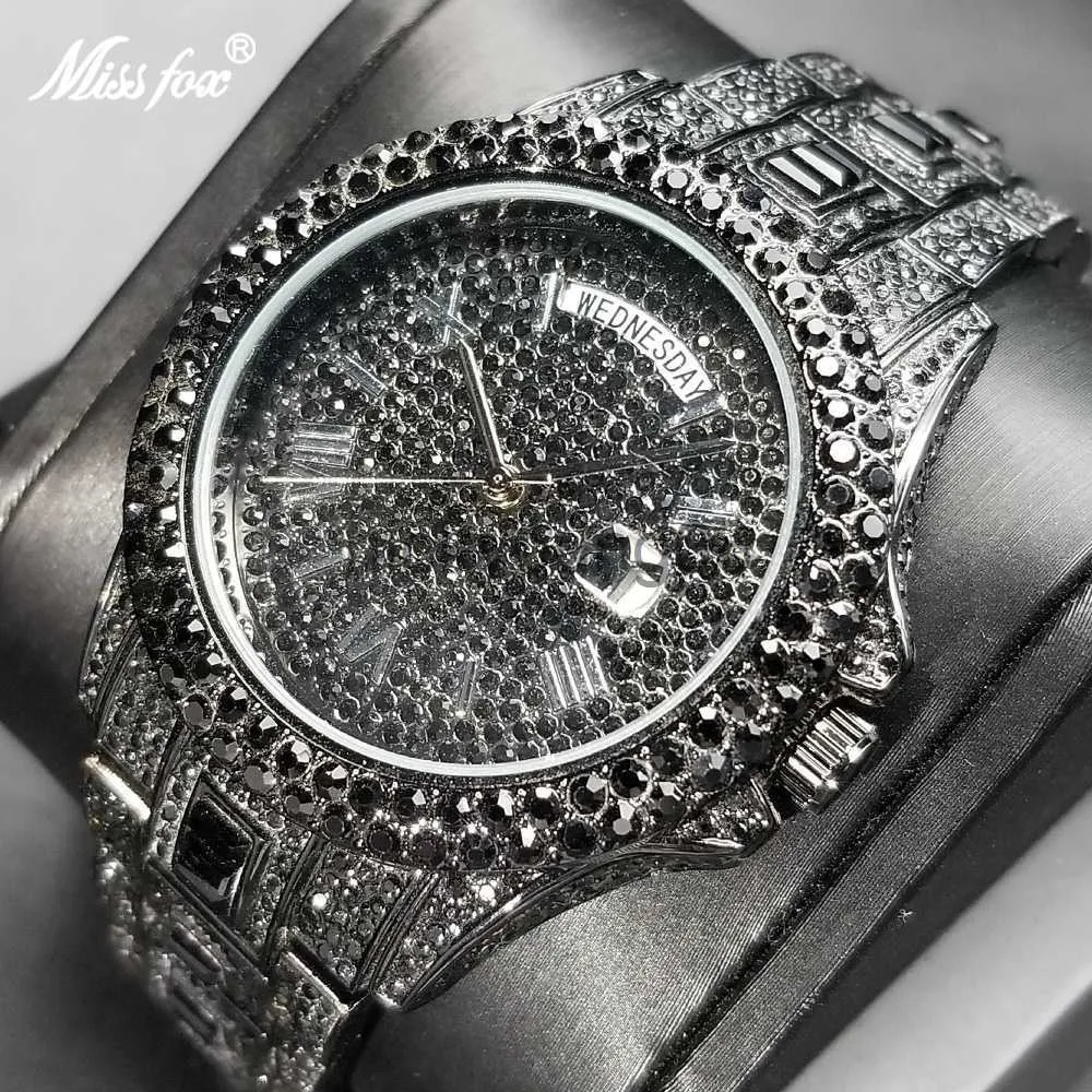 Armbandsur MISSFOX Black Full Diamond Mens es Hip Hop Bling Iced Out Quartz Day Date Vattentät rostfritt stål Automatisk datumklocka 0703