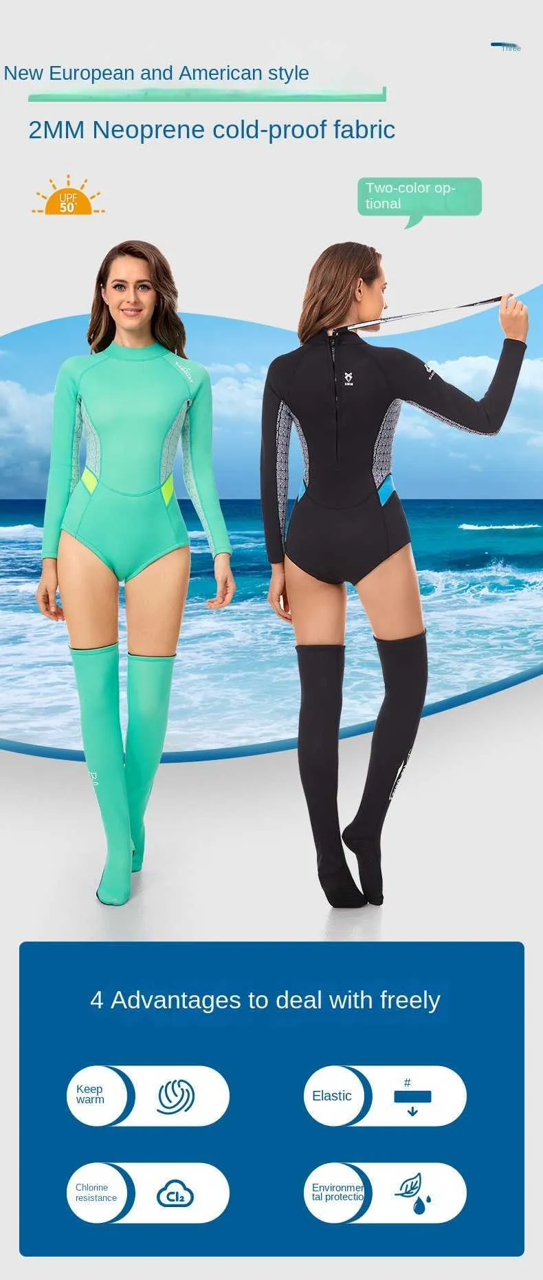 Neoprene Bikini Salt Wetsuit For Women 2MM Long Sleeve Skin Diving