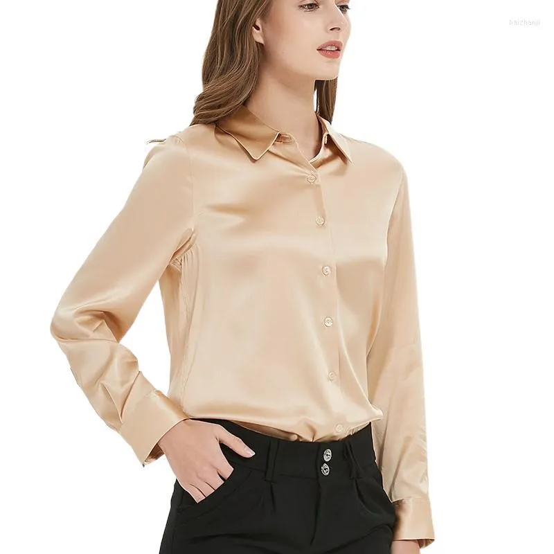 Dames Blouses Dames 95% Zijde 5% Spandex Overhemden Basic Effen Turn Down Kraag Chique Blouse Dames Lente Herfst Lange mouwen Wit Tops