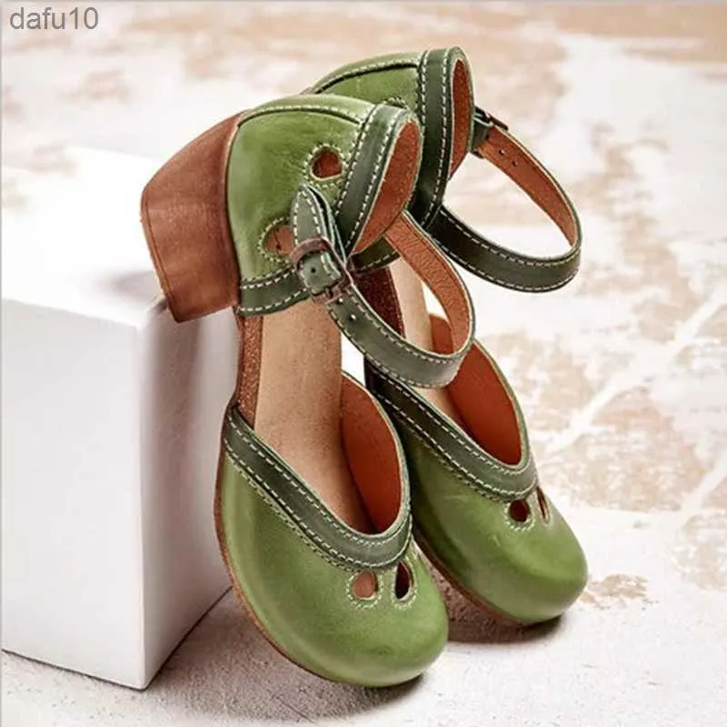 Kadınlar Yaz Ayakkabıları Orta Topuk İçi Boş Güzen Sandalet Zarif Retro Bayan Pompalar Ayak bileği Renk Blok Toka Kayışları Kadın Sandalet L230704
