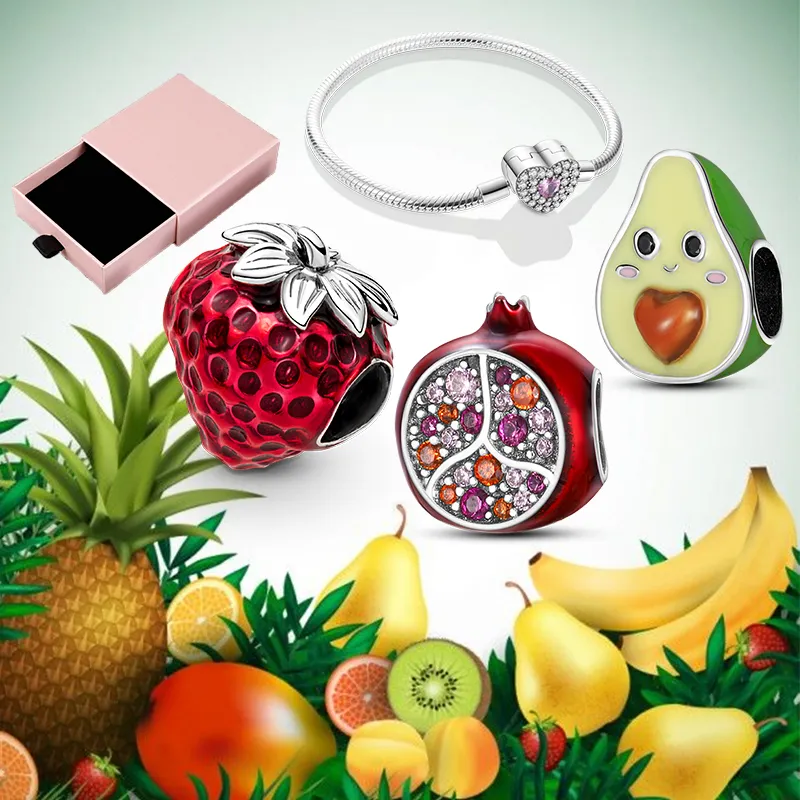 925 Silver Fit Pandora Charm 925 Bracelet Lemon Cherry Charms Set Pink Heart Bracelet plata de ley 925 Fruit Pineapple charms set Pendant DIY Fine Beads Jewelry