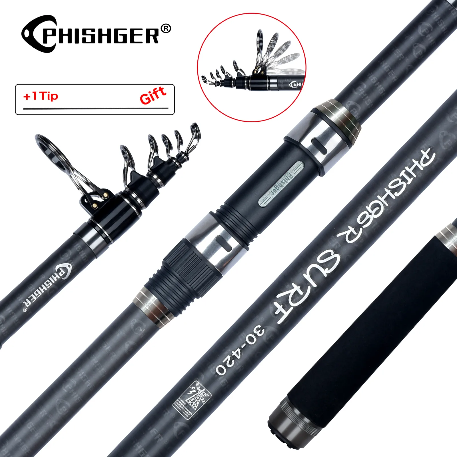 Boat Fishing Rods PHISHGER Telescopic Surf Spinning Rod  3.6/4.2/4.5/5.0/5.3m Power80-150g 30T Carbon Travel Surfcasting Shore  Casting Fishing Pole