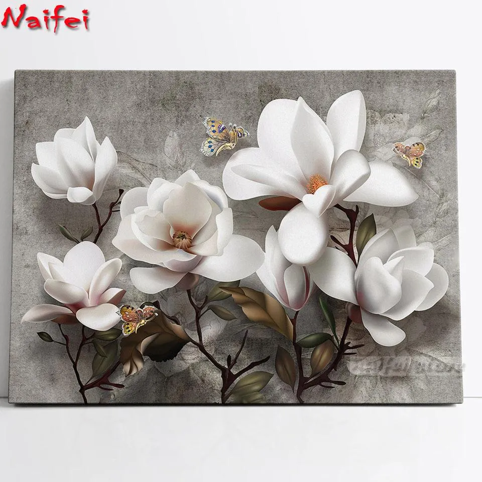 Ścieg 5d malarstwo diamentów Nowe przybysze kwiaty białe magnolia diamentowy haft haft mozaiki kwiat obrazu kryminowego dekoracji domu