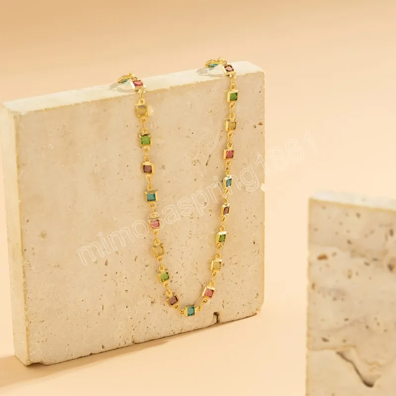Kolorowe Sqaure cyrkon kryształowy łańcuszek do obojczyka naszyjnik Bridal Boho prosty krótki naszyjnik Y2K biżuteria akcesoria dla kobiet