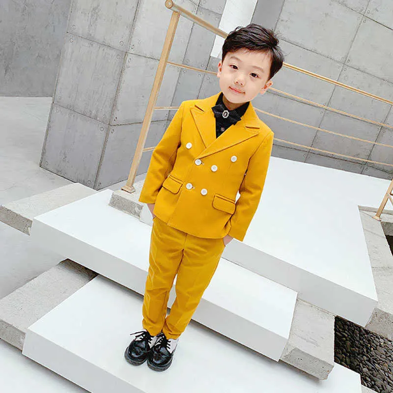 Abiti Inverno Ragazzi Ragazze Abito Completo Completo Bambini Formali Sfilata di Sfilata Festa di Nozze Costume Bambini Blazer Giallo Gilet Pantaloni Set AbbigliamentoHKD230704