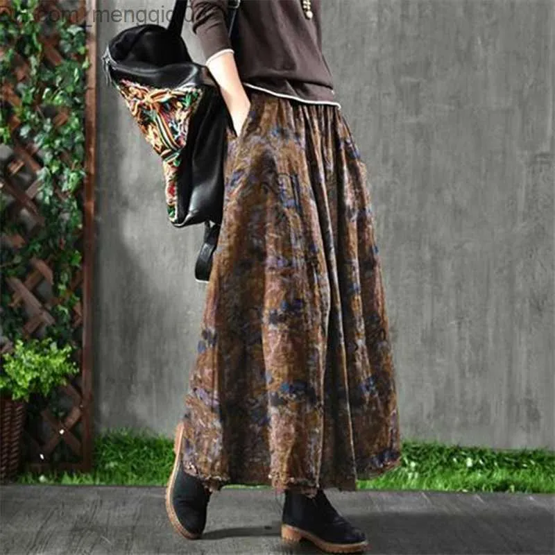 Skirts Spring Autumn Arts Style Women High Waist Cotton Aline Long Skirt Vintage Print Loose Maxi Skirt Female Casual Skirt S272 Z230704