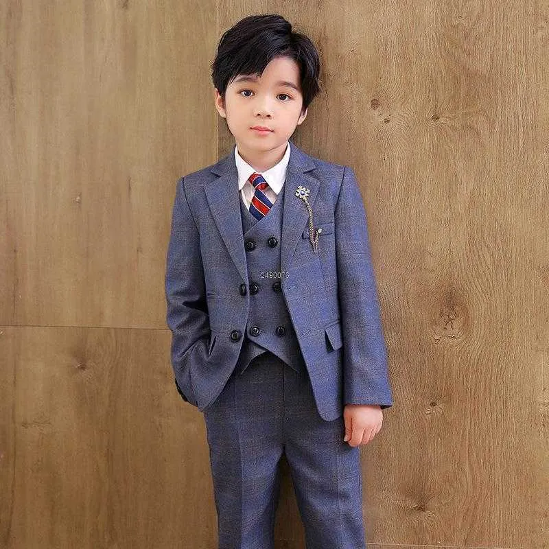 Suits Children Formal Wedding Suit Kids Plaid Jacket Vest Pants Photograph Dress Boys Birthday Tuxedo Suit Children Graduation CostumeHKD230704