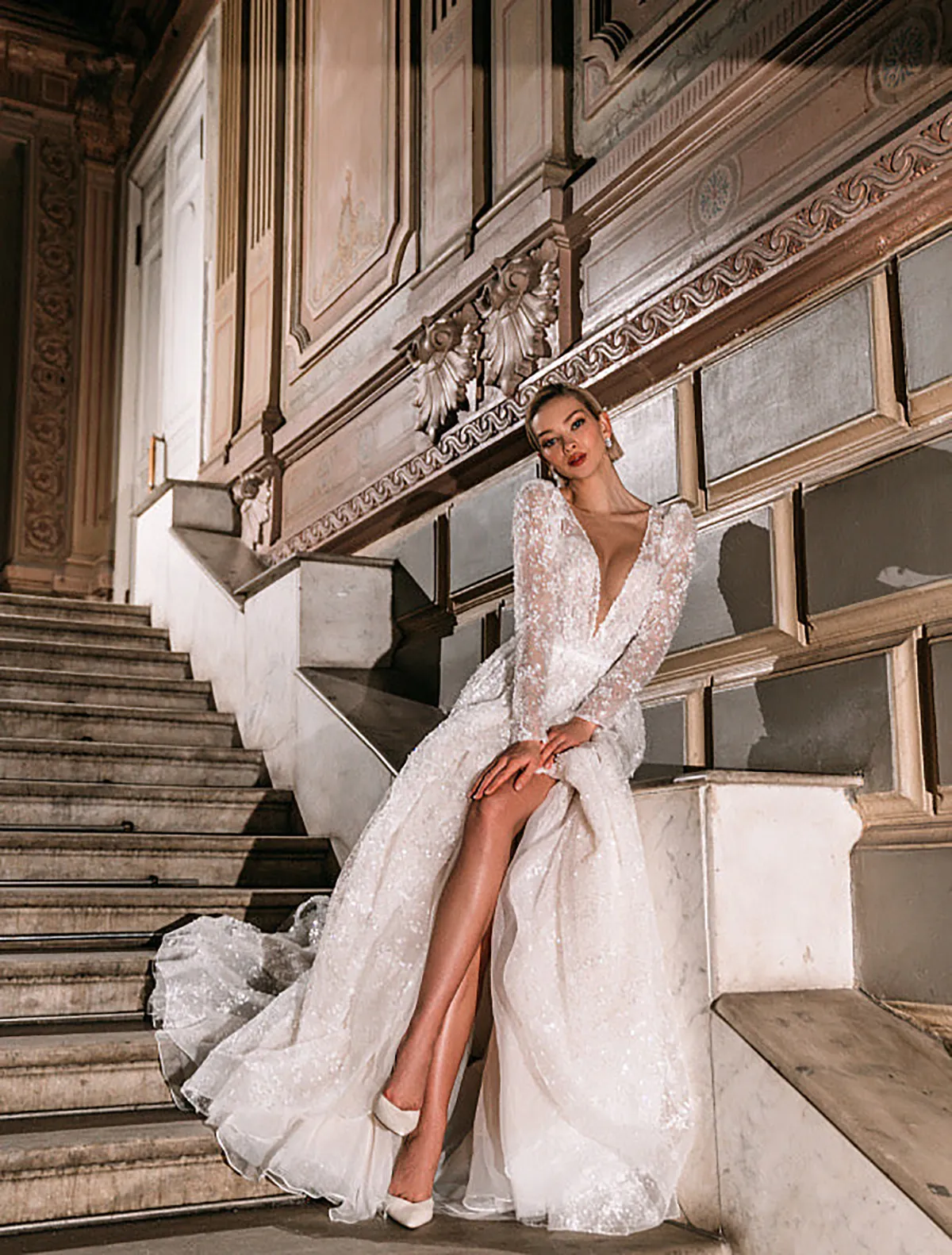 Luxury A-Line Wedding Dresses - Deep V Neck Lace Bridal Gowns with Long Sleeves, Appliques, Backless Design & Sweep Train - Custom Made Robe De Mariee Luxury A-Line Wedding Dresses - Deep V Neck Lace Bridal Gowns with Long Sleeves, Appliques, Backless Design & Sweep Train - Custom Made Robe De Mariee