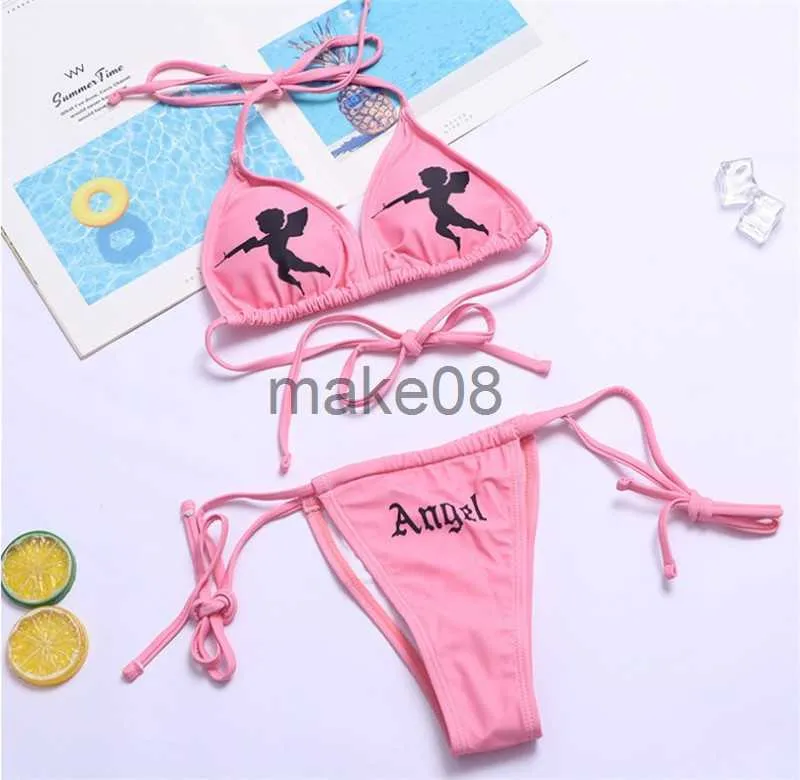 Dambadkläder Dam 2st Bikini Set Push Angel Grimma Baksida TieUp BH Side Strappy Letter Bikini 2022 Sommar Dam Sexig Strand Rosa Badkläder J230704