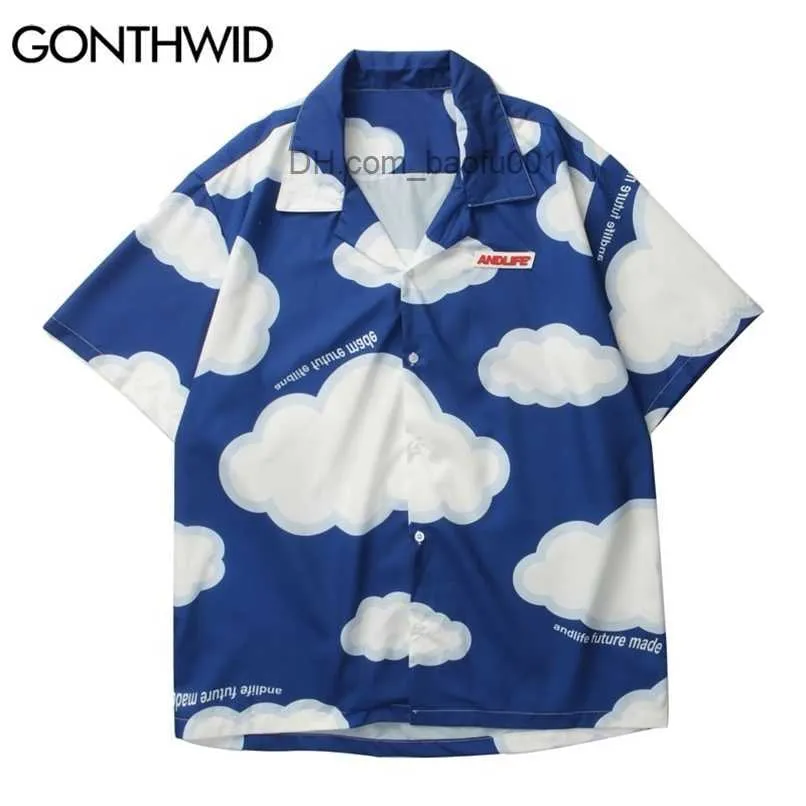 Męskie koszule na co dzień koszula GONTHWID Harajuku nadruk w chmury kurtki płaszcze Streetwear hip-hopowa moda letnia męska bluzka z krótkim rękawem 230706