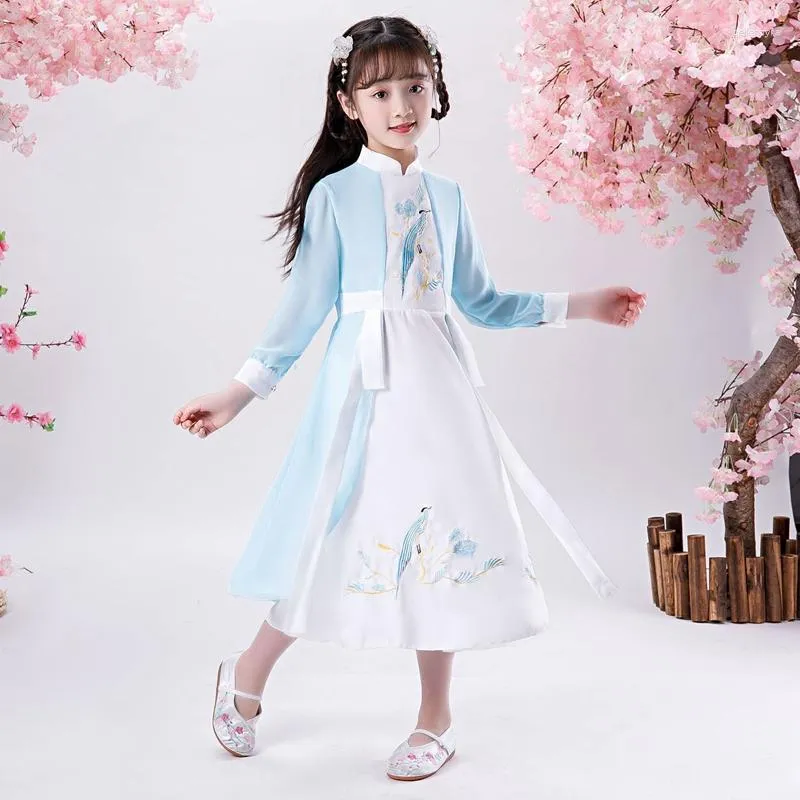 Ethnic Clothing Children's Hanfu Girls Chinese Style Dress Stage Performance Skirt Costume Improvement Cheongsam Blue Vestido Chino