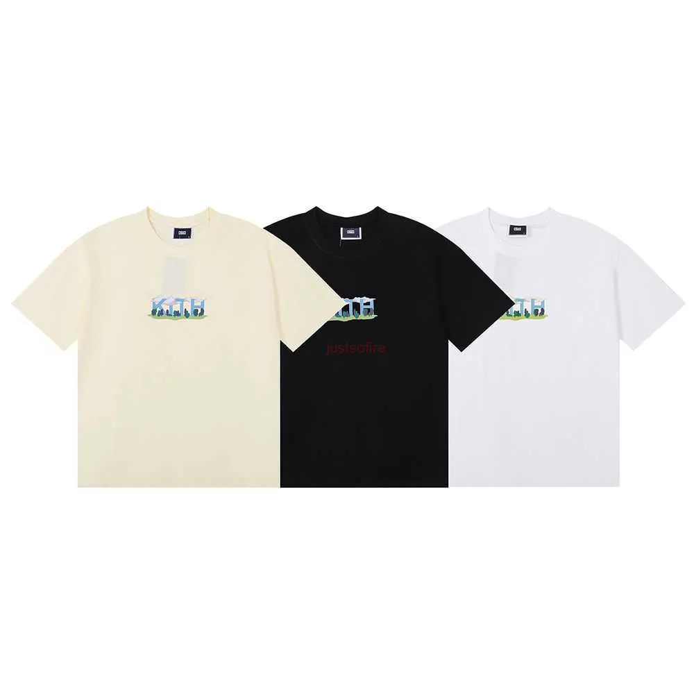 デザイナーファッション衣類 Tシャツ Tシャツニッチビューティートレンド Kith 青い空と白い雲楽しい森プリント高品質二重糸ピュアコットン半袖 Tシャツ fo