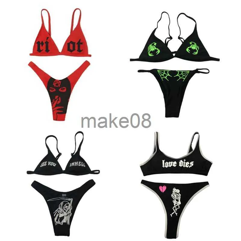 Damen-Bademode, sexy Damen-Bikini, Totenkopf-Muster, Druck, Strandmode, Tank-Tops, Slips, Badeanzug, Push-Up, gepolstert, Zweiteiler, brasilianische Badebekleidung, J230704