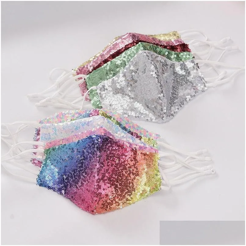 Designer Masques Sequin Masque Été Dames Mode Tissu Respirant Réutilisable Antipoussière Lavable Adt Visage Bouche 10 Couleur Drop Delivery Dhblt