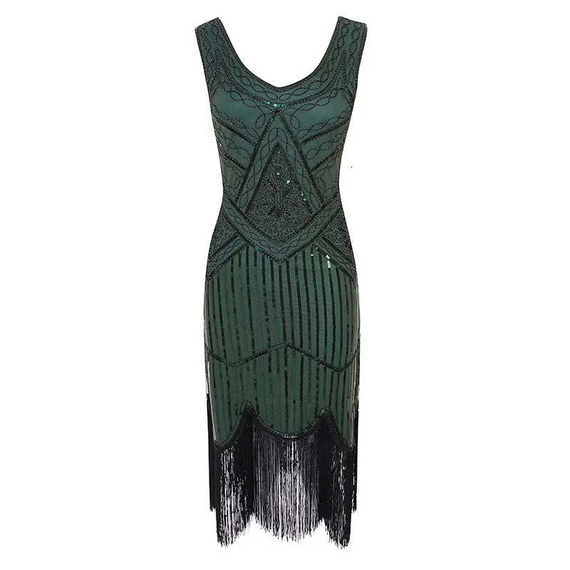 Great Gatsby Flapper Vestidos Sequin Bead Fringe Fringe dress for Women - 1920s Evening Gown with V-Neck and Embellished Fringed Details, Sleeveless (