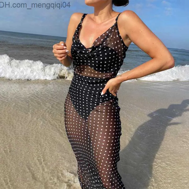 Casual Dresses Summer Beach Mesh Chiffon Polka Dot Print Women Strap Maxi Dress Lace Up Bandage See Through Sheer Beachwear Party Club Festival Z230704