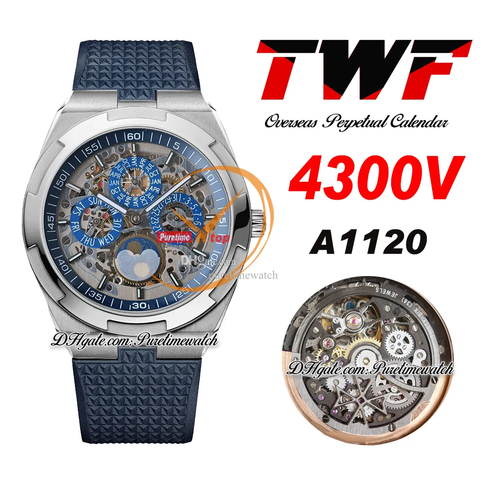 TWF Overseas Ewiger Kalender Mondphase 4300 V A1120 Automatik-Herrenuhr, Stahlgehäuse, Skelett-Zifferblatt, blaues Gummi, Super-Version, Reloj Hombre Edition, Puretime B09