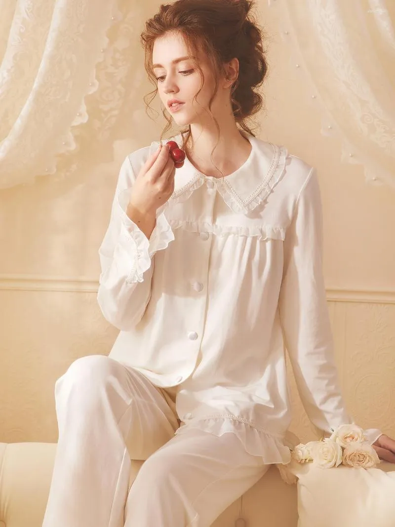 Women's Sleepwear 2023 Autumn Princess Pajamas Long Pants White And Pink Cotton Nightshirt Vintage Nightgown