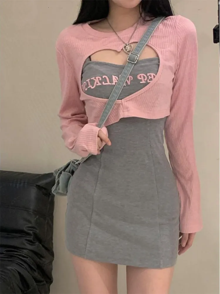 Y2K Aesthetic Korean Fashion Two Piece Jumper Dress Set With Letter  Embroidery, Spaghetti Straps, Hollow Out Design, And Sexy Harajuku Cropped  Top For Women 230703 From Nian02, $14.92