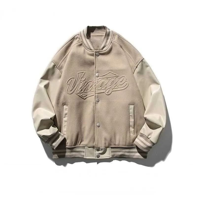 Męskie futro Sztuczne futro Prosta moda Khaki Skóra Łączenie Mundur baseballowy Męskie Retro Luźna para Casualowa kurtka Wiosna Nowa kurtka Bomber