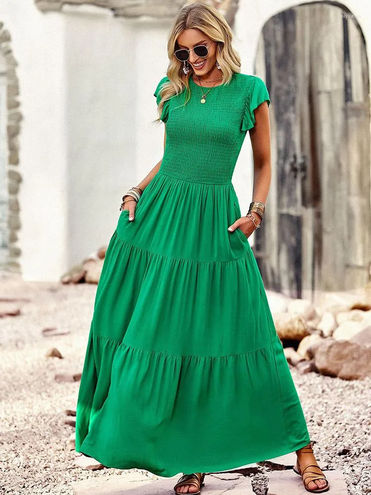 Casual Dresses Elegant Maxi Long Dress Women Summer Butterfly Sleeve O-neck Solid Female Beach Ankle-Length With Pockets