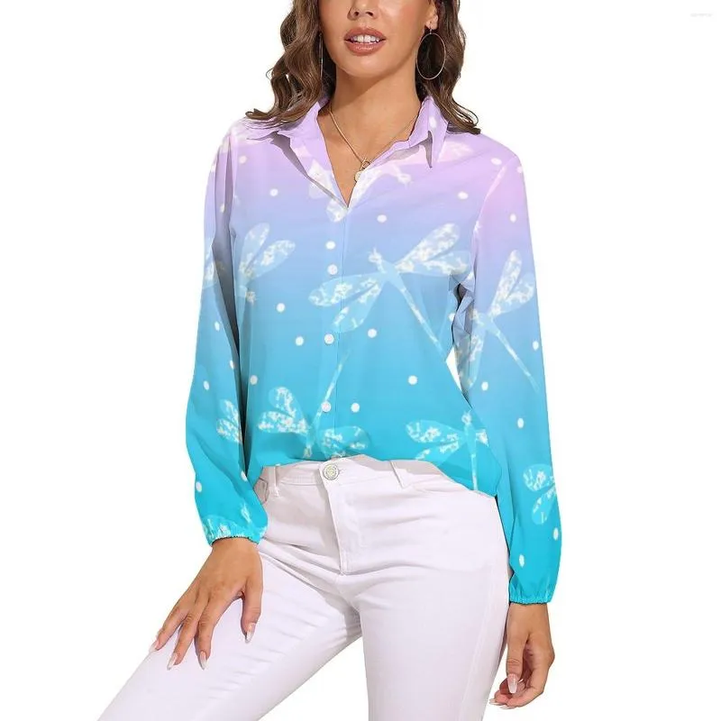 Blusas Femininas Blusa Aqua Aqua Rosa Estampa Libélulas Estampado Retrô Feminino Manga Longa Camisas Casuais Verão Top Grande