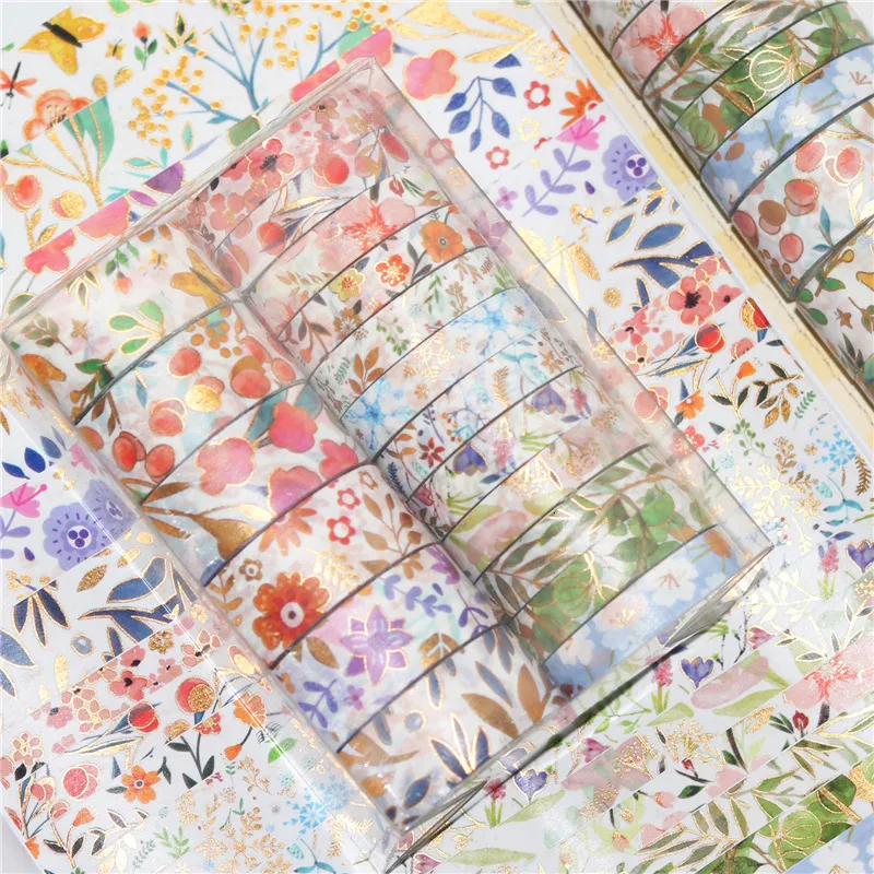 Självhäftande tejp 18 rullset Söt växt Blomma Guldfolie Washi-tejp Dekorativ självhäftande maskeringstejp Klistermärke Scrapbooking DIY-dagbok Brevpapper 230703