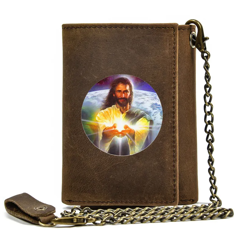 High Quality Men Genuine Leather Wallet Anti Theft Hasp With Iron Chain Christianity God Jesus Cover Card Holder Short Purse